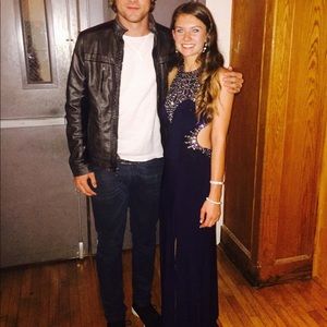 Betsy & Adam Beaded Navy Gown